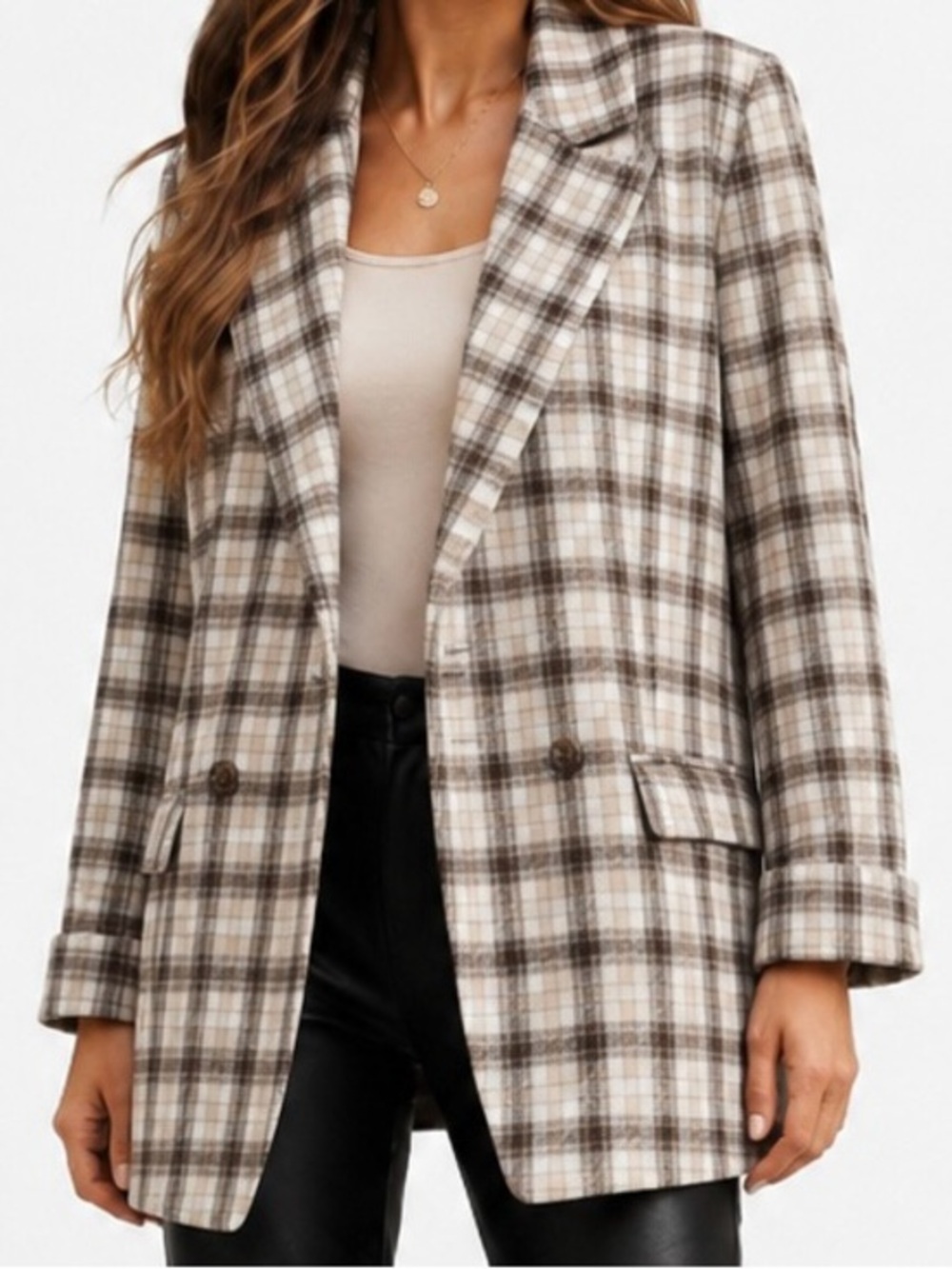 BCBGeneration Neutral Plaid Cream Brown Beige Flannel Double Breasted Blazer L
